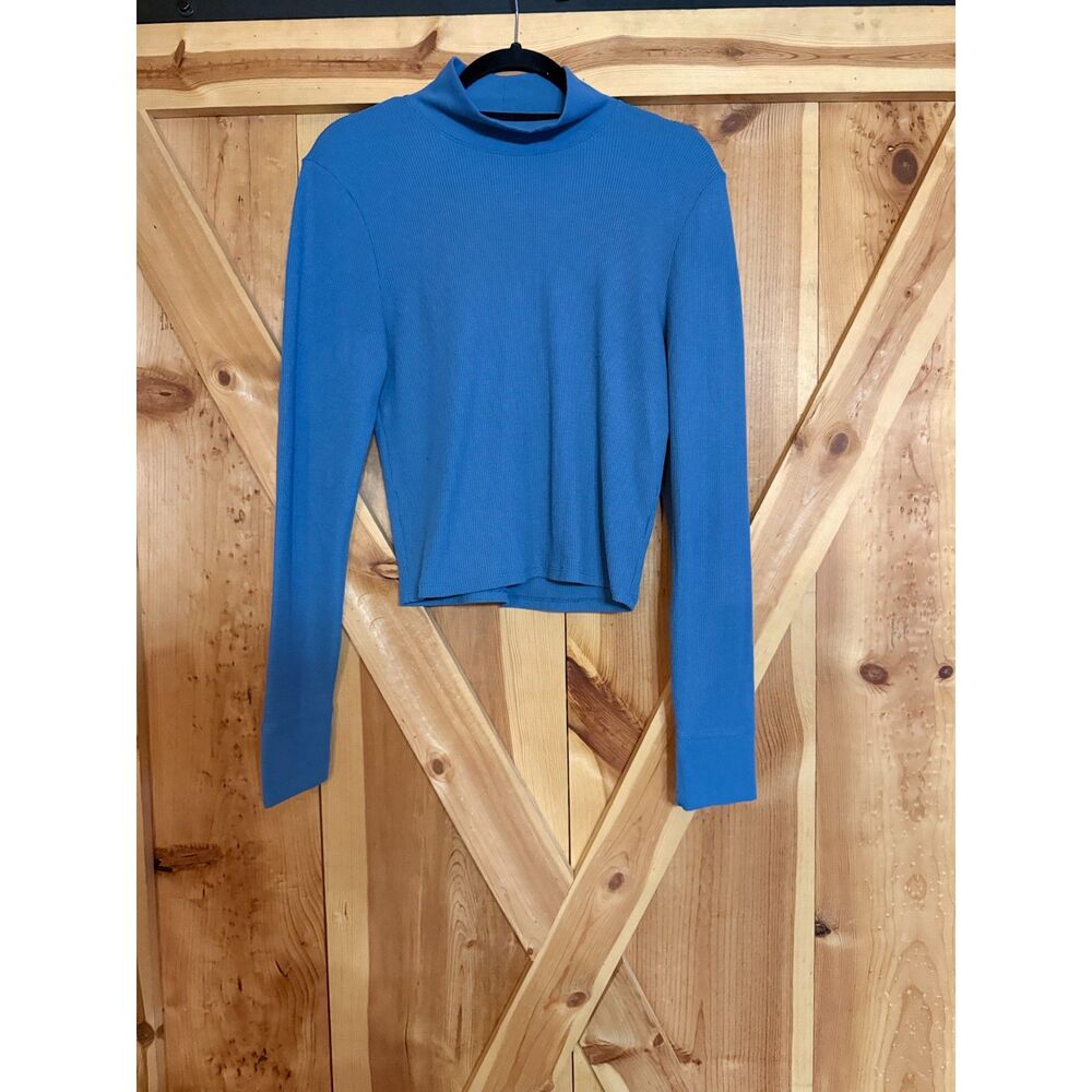 American Eagle Blue Waffle Knit Turtleneck Crop Top Women XL Layer Fitted Ribbed